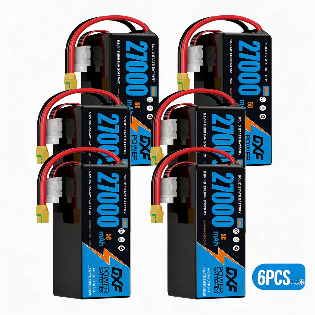 DXF SEMI-SOLID 14S 51.8V 27000mAh 5C Soft Case LiPo Battery with 8AWG Wire for Toy Cars, Boats, UAVs & Drones (1-6 Pack)