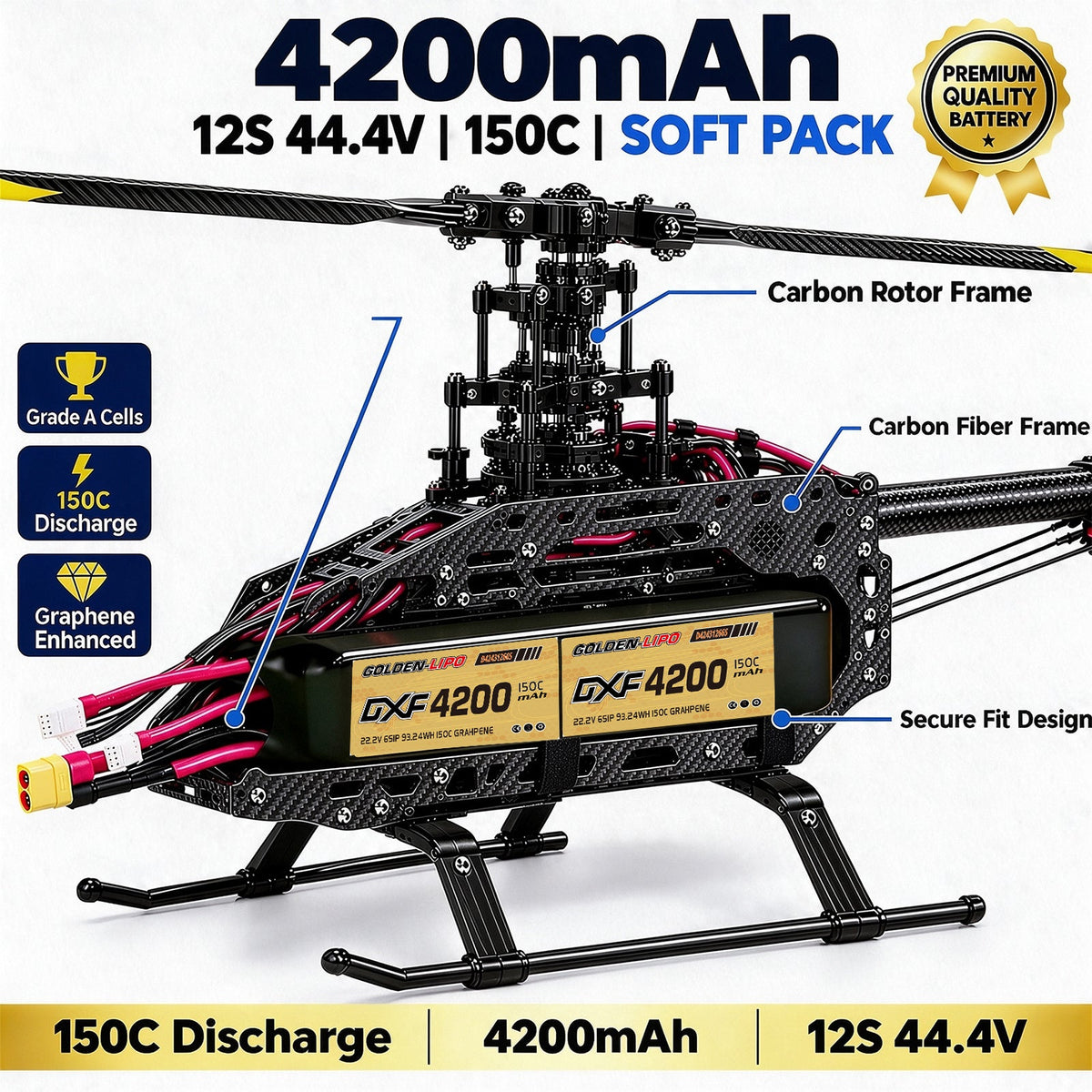 DXF Lipo Battery 12S 44.4V 4200mAh 150C GoldSeries Graphene Softcase with EC5 / T / TRX / XT60 / XT90 / XT150 / Q8s Plug for RC 1/8 1/10 Buggy Truck Car Off-Road Drone
