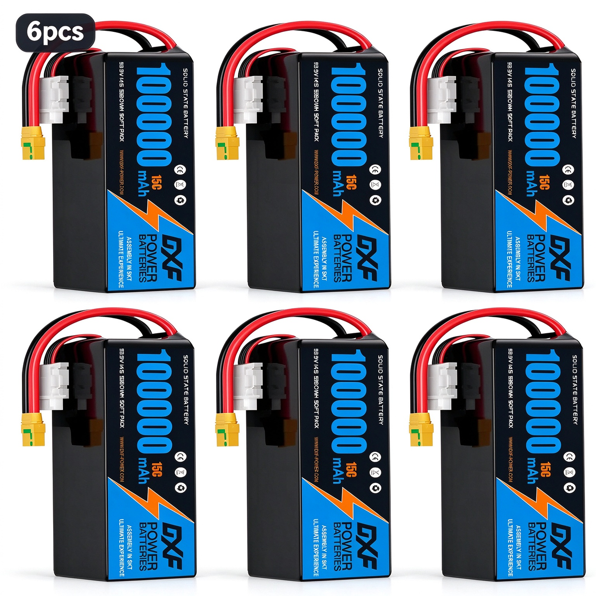 DXF SEMI-SOLID 14S 53.9V 100000mAh 15C Soft Case LiPo Battery with 8AWG Wire for Toy Cars, Boats, UAVs & Drones (1-6 Pack)