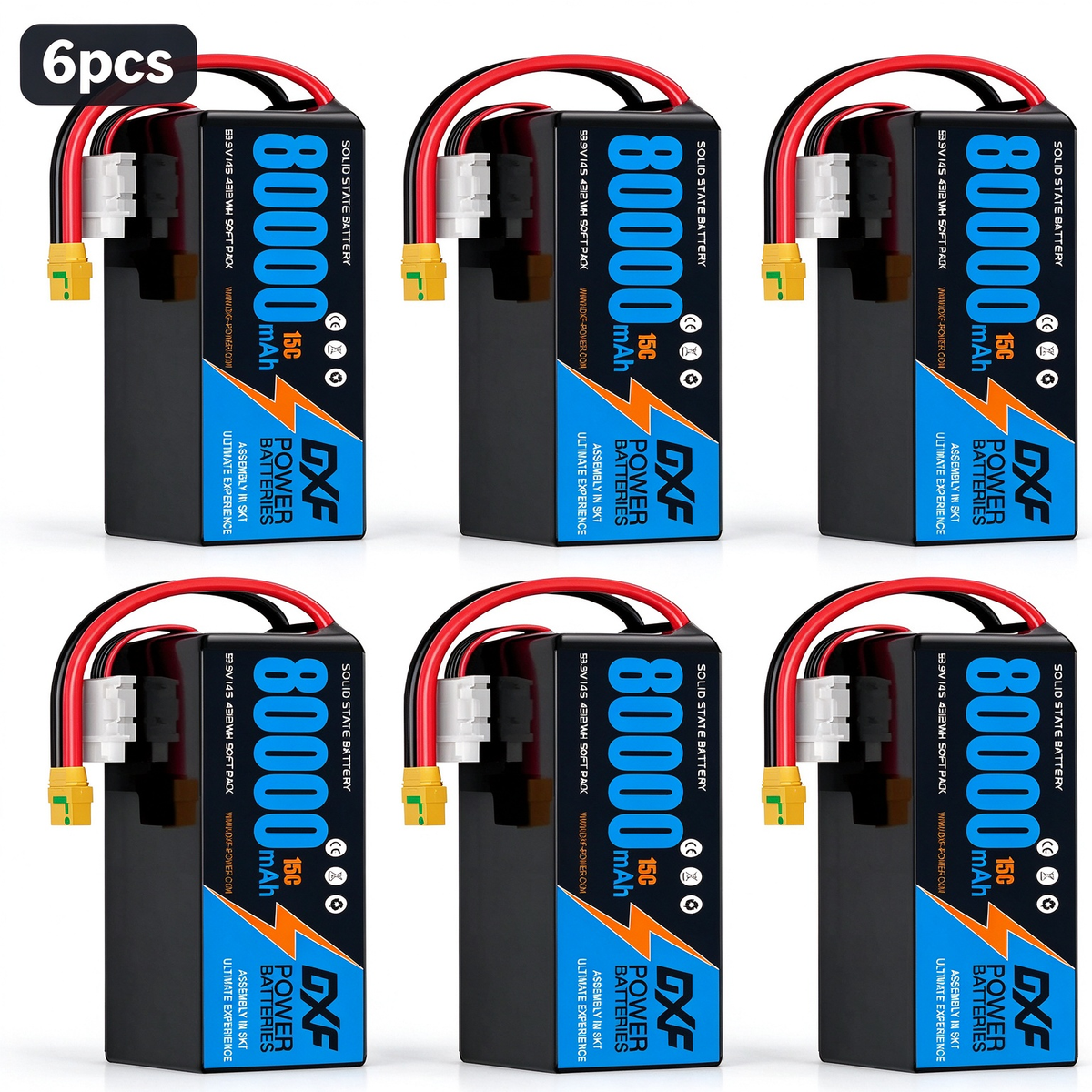 DXF SEMI-SOLID 14S 53.9V 80000mAh 15C Soft Case LiPo Battery with 8AWG Wire for Toy Cars, Boats, UAVs & Drones (1-6 Pack)