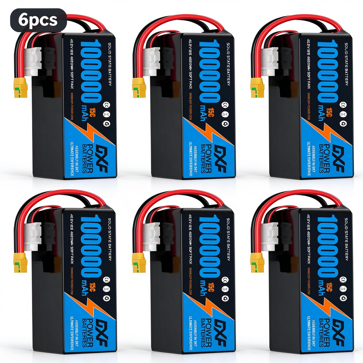 DXF SEMI-SOLID 12S 46.2V 100000mAh 15C Soft Case LiPo Battery with 8AWG Wire for Toy Cars, Boats, UAVs & Drones (1-6 Pack)