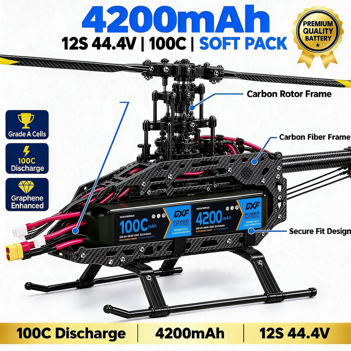 DXF LiPo Battery 12S 44.4V 4200mAh 100C Graphene Softcase Blue with EC5 / T / TRX / XT60 / XT90 / XT150 / Q8s Plug for RC 1/8 1/10 Buggy Truck Car Off-Road Drone