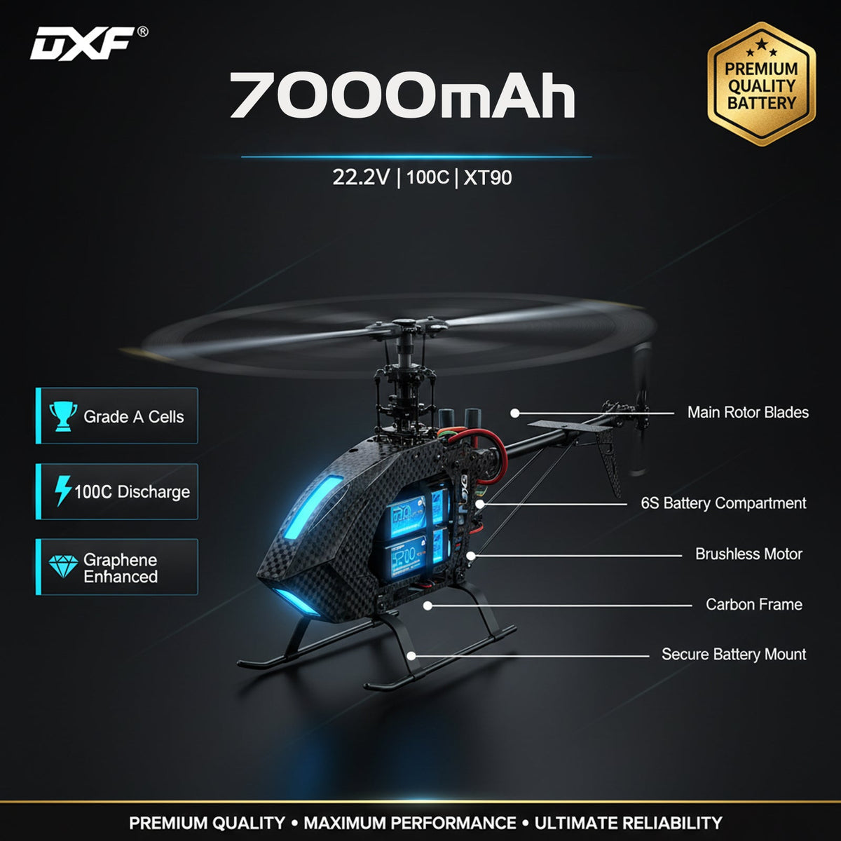 DXF 6S 22.2V 7000mAh 100C Softcase LiPo Battery with XT90 & 10AWG Wire for 1/8 RC Cars (1-6 Pack)