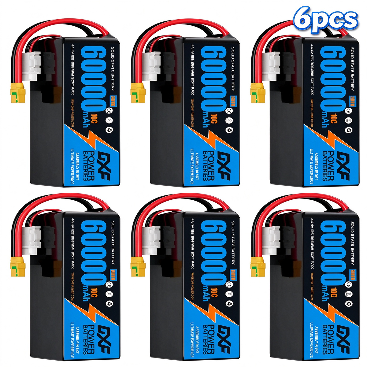 DXF SEMI-SOLID 12S 44.4V 60000mAh 10C Soft Case LiPo Battery with 8AWG Wire for Toy Cars, Boats, UAVs & Drones (1-6 Pack)