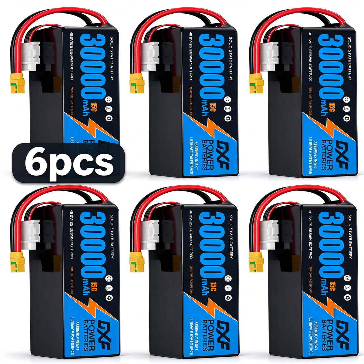 DXF SEMI-SOLID 12S 46.2V 30000mAh 15C Soft Case LiPo Battery with 8AWG Wire for Toy Cars, Boats, UAVs & Drones (1-6 Pack)