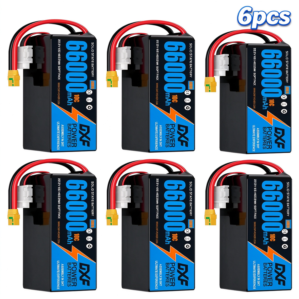 DXF 6S 22.2V 66000mAh 10C Soft Case LiPo Battery with 8AWG Wire for Toy Cars, Boats, UAVs & Drones (1-6 Pack)