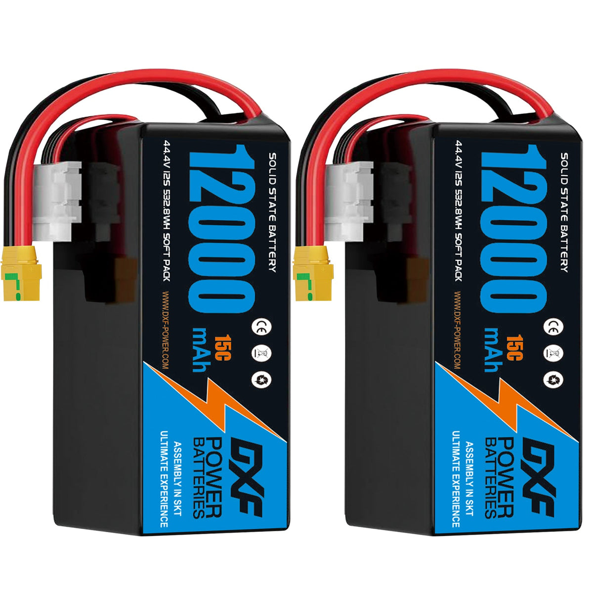 DXF SEMI-SOLID 12S 44.4V 12000mAh 15C Soft Case LiPo Battery with 8AWG Wire for Toy Cars, Boats, UAVs & Drones (1-6 Pack)