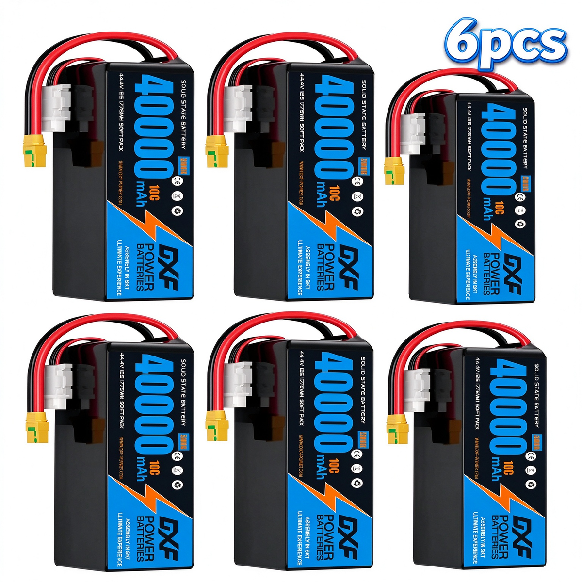 DXF SEMI-SOLID 12S 44.4V 40000mAh 10C Soft Case LiPo Battery with 8AWG Wire for Toy Cars, Boats, UAVs & Drones (1-6 Pack)