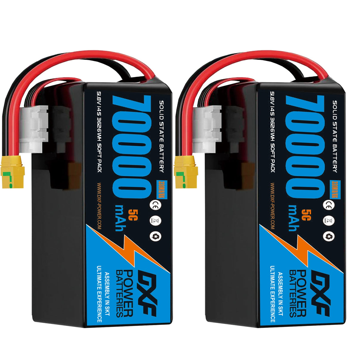 DXF SEMI-SOLID 14S 51.8V 70000mAh 5C Soft Case LiPo Battery with 8AWG Wire for UAVs & Drones (1-6 Pack)