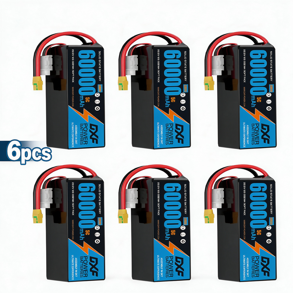 DXF 6S 22.2V 60000mAh 5C Soft Case LiPo Battery with 8AWG Wire for Toy Cars, Boats, UAVs & Drones (1-6 Pack)