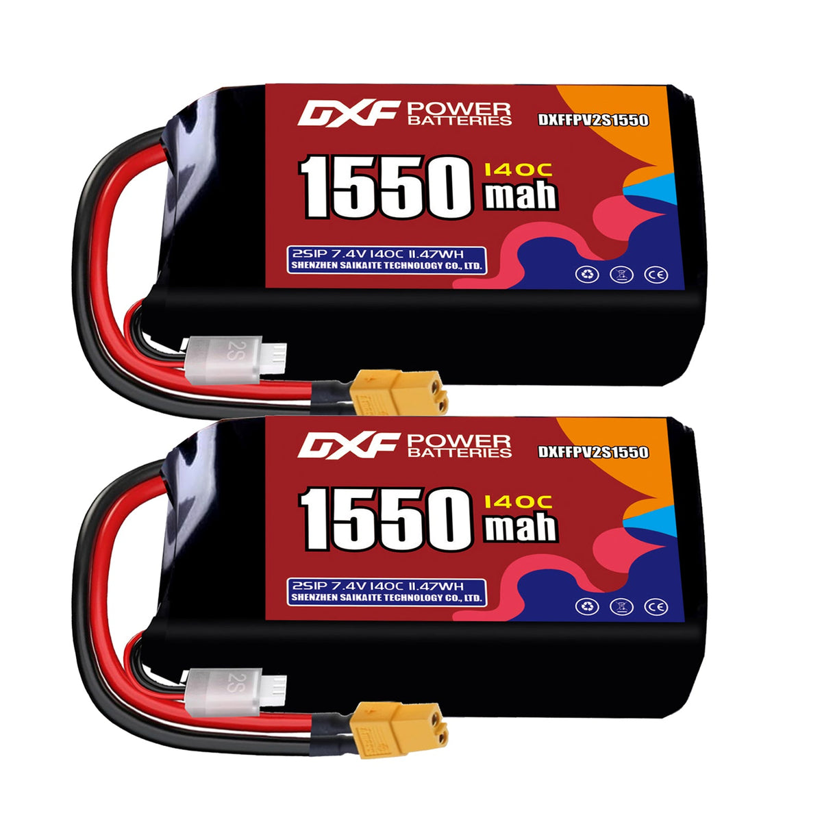 DXF 2S 7.4V 1550mAh 140C LiPo Battery for FPV Micro Drones (PH2.0 / JST / XT30 / SM / XT60 / EC5 / XT90 Options)