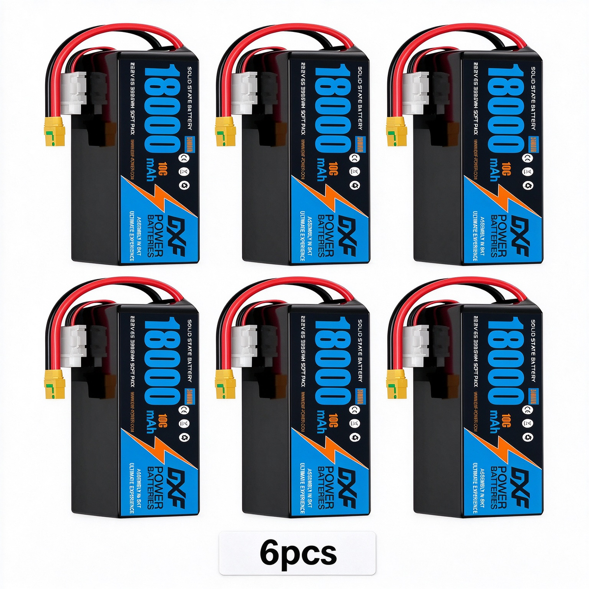 DXF SEMI-SOLID 6S 22.2V 18000mAh 10C Soft Case LiPo Battery with 8AWG Wire for UAVs & Drones (1-6 Pack)