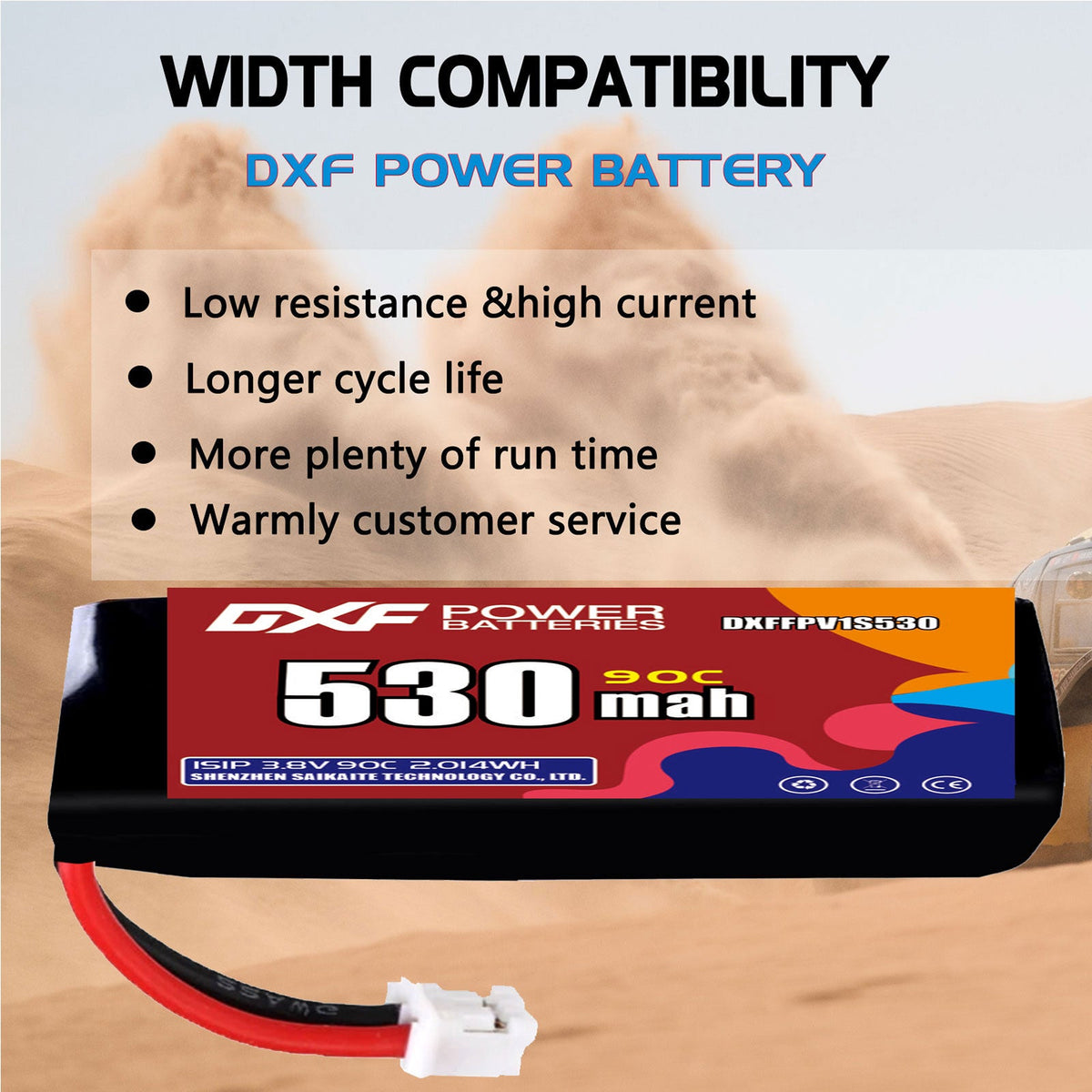 DXF 1S 3.8V 530mAh 90C LiPo Battery for FPV Micro Drones (PH2.0 / JST / XT30 / SM / XT60 / EC5 / XT90 Options)