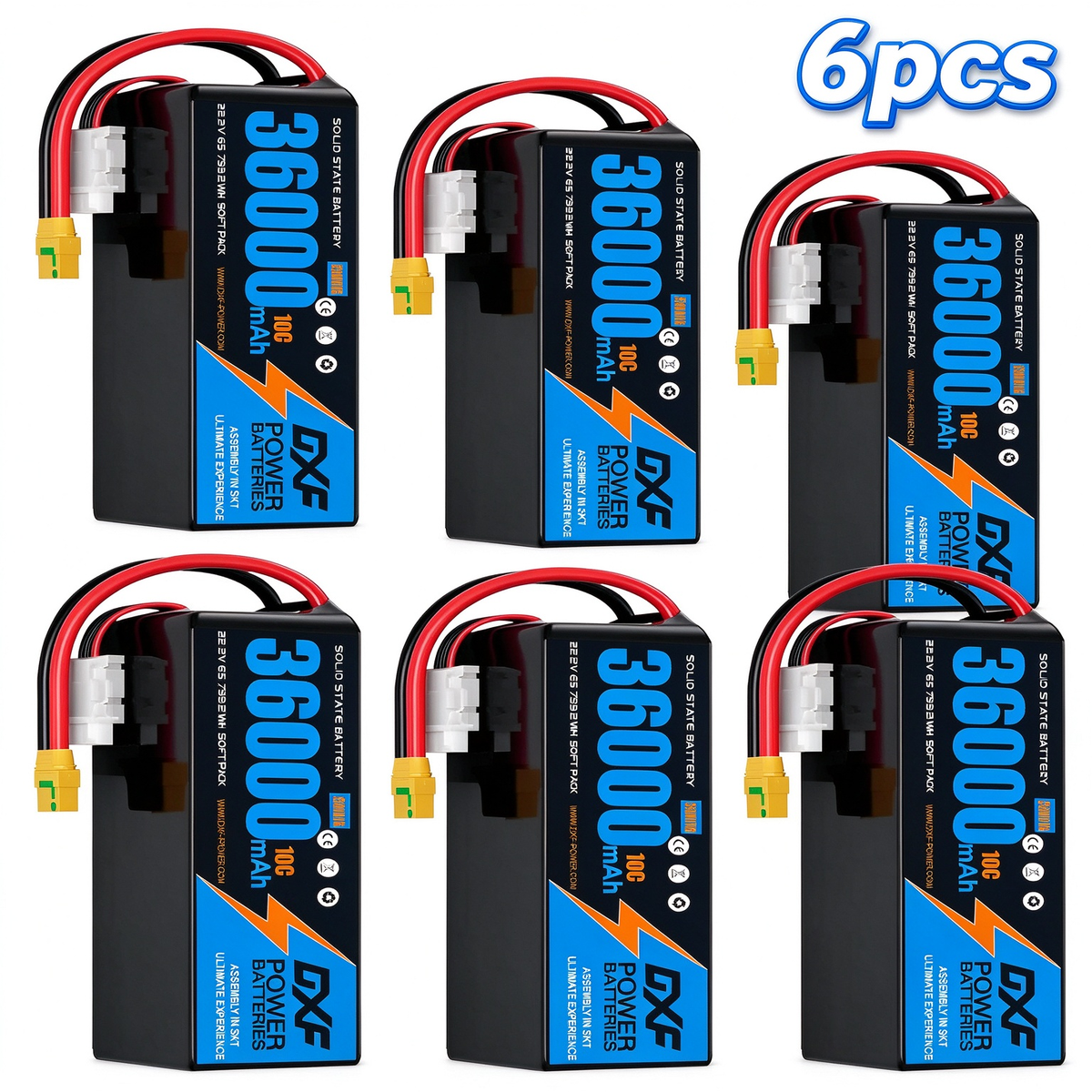 DXF SEMI-SOLID 6S 22.2V 36000mAh 10C Soft Case LiPo Battery with 8AWG Wire for Toy Cars, Boats, UAVs & Drones (1-6 Pack)