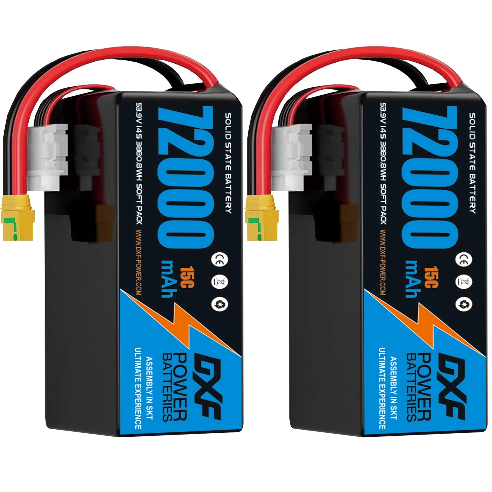 DXF SEMI-SOLID 14S 53.9V 72000mAh 15C Soft Case LiPo Battery with 8AWG Wire for Toy Cars, Boats, UAVs & Drones (1-6 Pack)