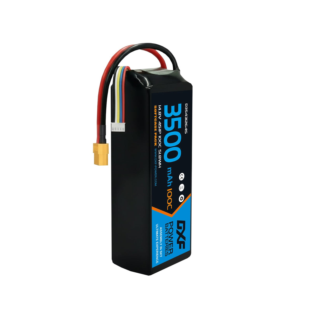 DXF 4S 14.8V 3500mAh 100C Graphene Softcase LiPo Battery with XT60 & 12AWG Wire for RC Cars, Boats & Aircraft Models (1-6 Pack)