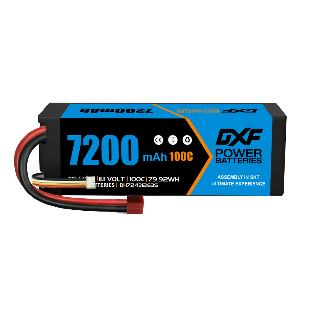 DXF BLUE Series 3S 11.1V 7200mAh 100C Graphene Hardcase LiPo Battery with Deans/T-Plug & 10AWG Wire (1-6 Pack)