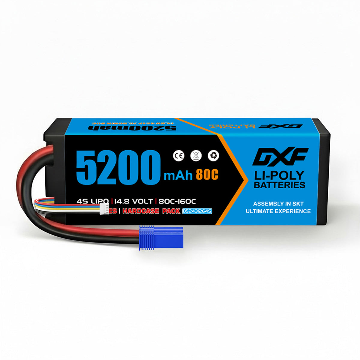 DXF 4S 14.8V 5200mAh 80C BLUE Series Graphene LiPo Hardcase Battery with 10AWG EC5 Plug for 1/8 1/10 RC Car Truck Boat Drone (1-6 Pack Available)