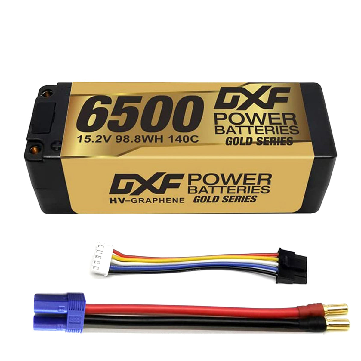 DXF Gold Series 4S HV 15.2V 6500mAh 140C Graphene LCG Hardcase LiPo with 5mm to EC5 & 10AWG Wire (1-6 Pack)
