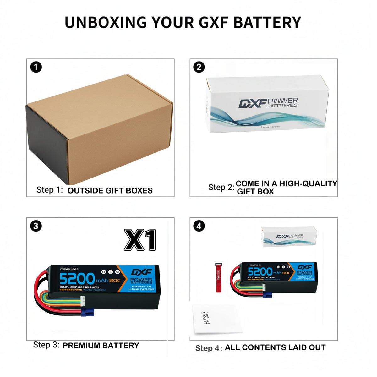 DXF 6S 22.2V 5200mAh 80C Graphene Softcase LiPo Battery with EC5 & 10AWG Wire (1-6 Pack)