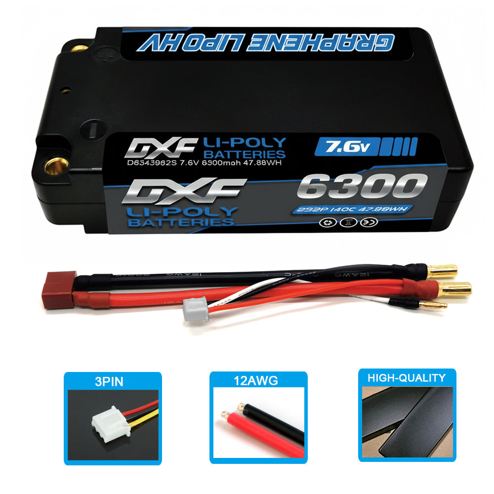 DXF Lipo Battery 2S 7.6V 6300mAh 140C Shorty 5MM Hardcase Battery Graphene Battery for RC Truck Drone 1/10 1/8 Scale Traxxas Slash 4x4 RC Car Buggy Truggy
