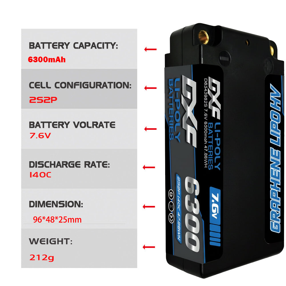 DXF Lipo Battery 2S 7.6V 6300mAh 140C Shorty 5MM Hardcase Battery Graphene Battery for RC Truck Drone 1/10 1/8 Scale Traxxas Slash 4x4 RC Car Buggy Truggy