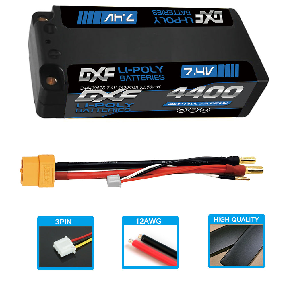DXF LiPo Battery 2S 7.4V 4400mAh 140C Graphene Gray with 5mm Bullet / EC5 / T / TRX / XT60 / XT90 / XT150 / Q8s Plug for RC 1/10 Touring Car Racing