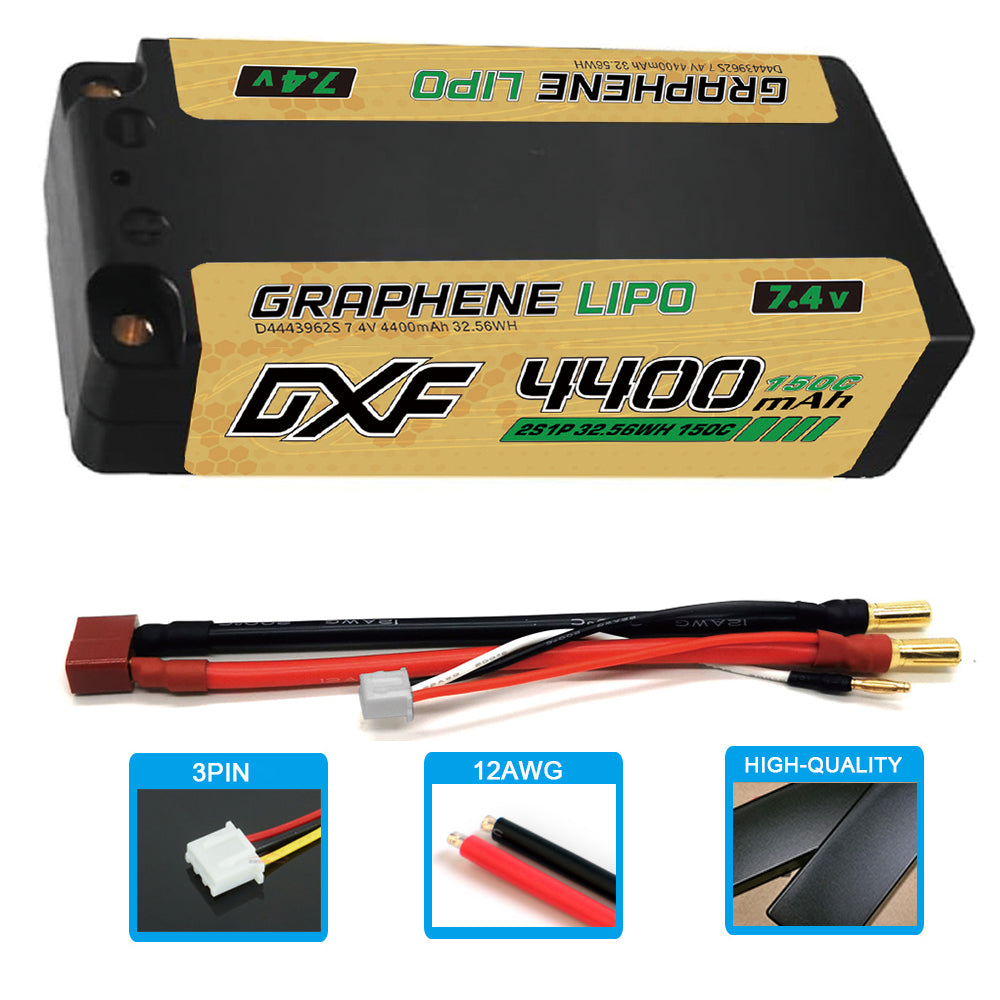 DXF LiPo Battery 2S 7.4V 4400mAh 140C Graphene Gray NGP Plus Gold Version with 5mm Bullet / EC5 / T / TRX / XT60 / XT90 / XT150 / Q8s Plug for RC 1/10 Touring Car Racing