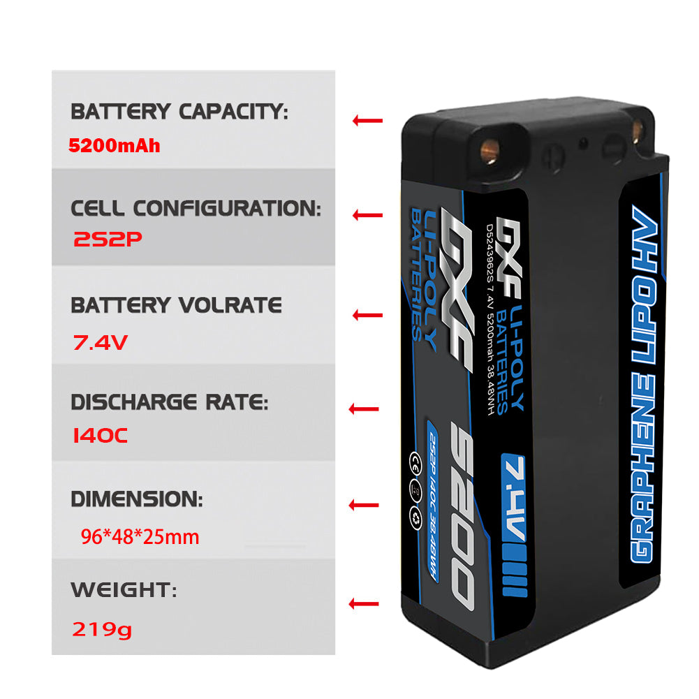 DXF LiPo Battery 2S2P 7.4V 5200mAh 140C Graphene Gray with 5mm Bullet / EC5 / T / TRX / XT60 / XT90 / XT150 / Q8s Plug for RC 1/10 Touring Car Racing
