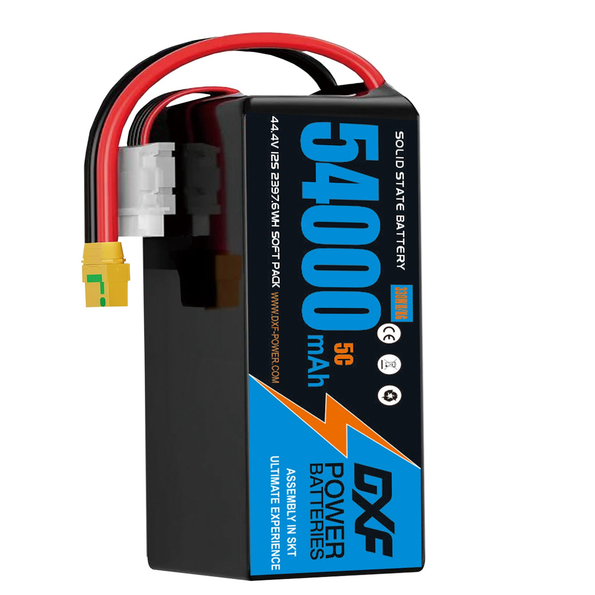 DXF SEMI-SOLID 12S 44.4V 54000mAh 5C Soft Case LiPo Battery with 8AWG Wire for Toy Cars, Boats, UAVs & Drones (1-6 Pack)