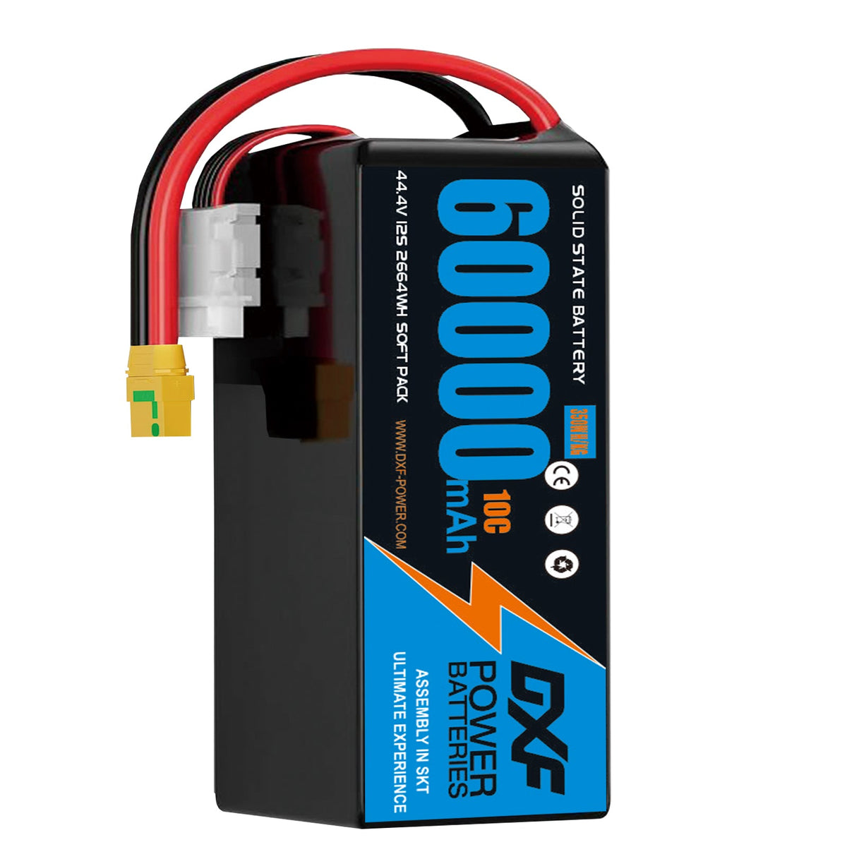 DXF SEMI-SOLID 12S 44.4V 60000mAh 10C Soft Case LiPo Battery with 8AWG Wire for Toy Cars, Boats, UAVs & Drones (1-6 Pack)