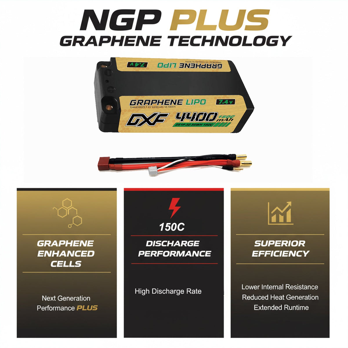 DXF NGP‑PLUS 2S 7.4V 4400mAh 150C Graphene Shorty Hardcase LiPo Battery with 5mm Bullet & Deans T-Plug, BRCA Certified (1-6 Pack)