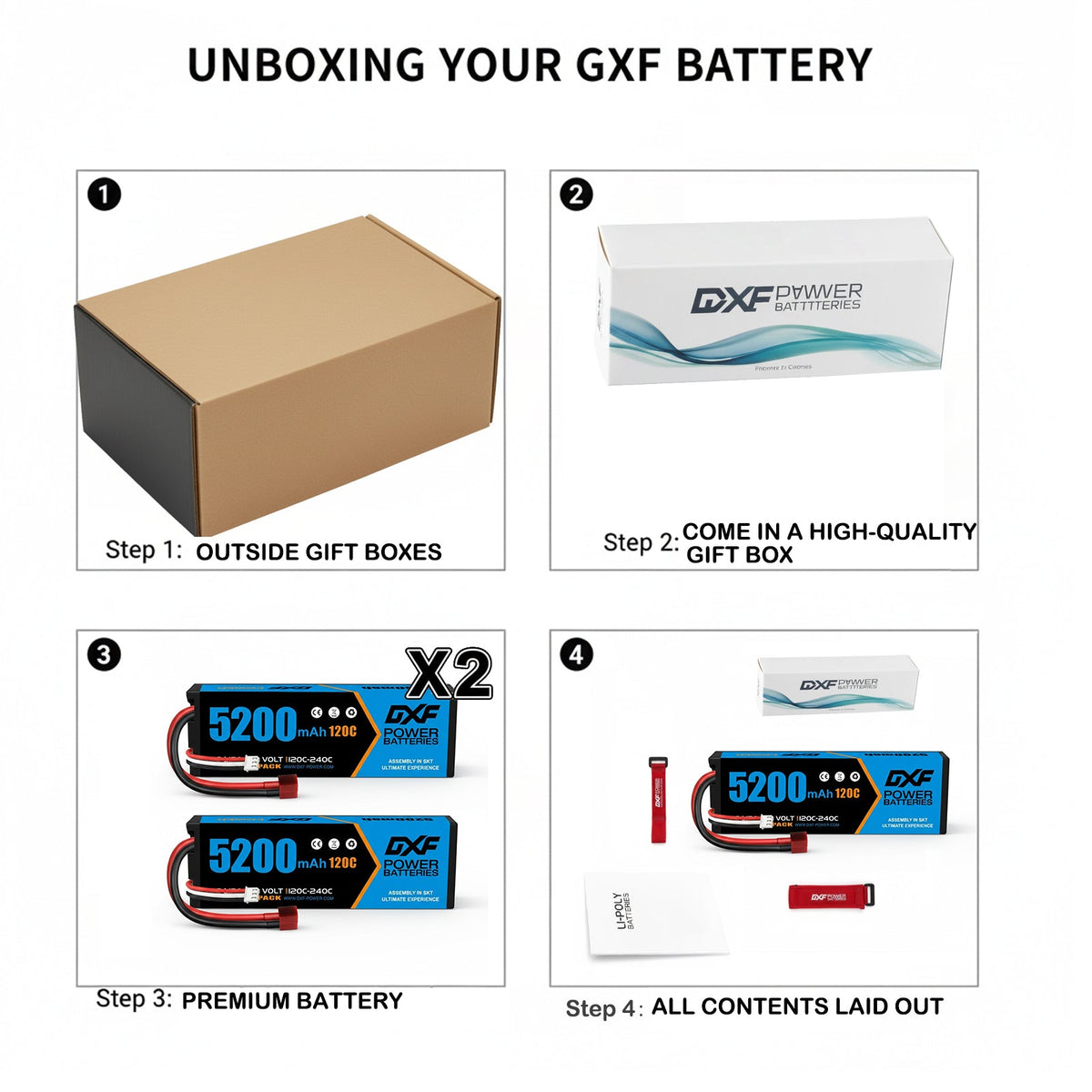 DXF 2S 7.4V 5200mAh 120C Graphene LiPo Hardcase Battery with 10AWG Deans T-Plug for RC Car Truck (1-6 Pack)