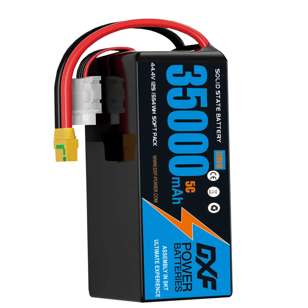 DXF SEMI-SOLID 12S 44.4V 35000mAh 5C Soft Case LiPo Battery with 8AWG Wire for Toy Cars, Boats, UAVs & Drones (1-6 Pack)