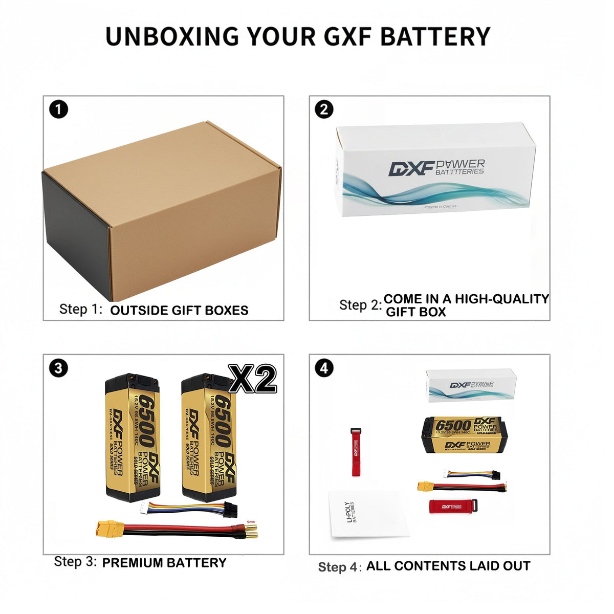 DXF LiPo Battery 4S HV 15.2V 6500mAh 140C Graphene Gold Version with 5mm Bullet / EC5 / T / TRX / XT60 / XT90 / XT150 / Q8s Plug for RC 1/8 1/5 Scale Car Buggy Truggy Racing