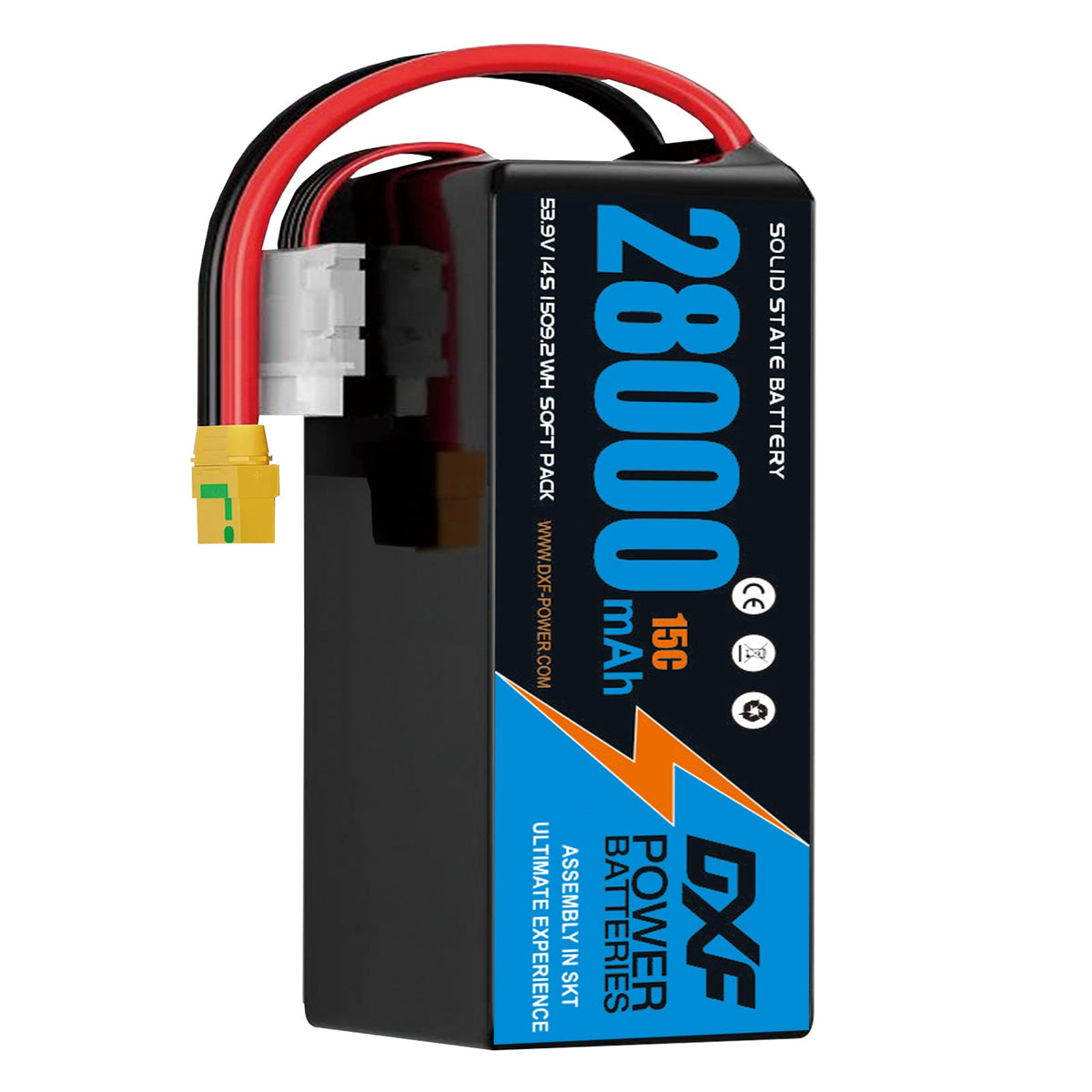 DXF SEMI-SOLID 14S 53.9V 28000mAh 15C Soft Case LiPo Battery with 8AWG Wire for Toy Cars, Boats, UAVs & Drones (1-6 Pack)