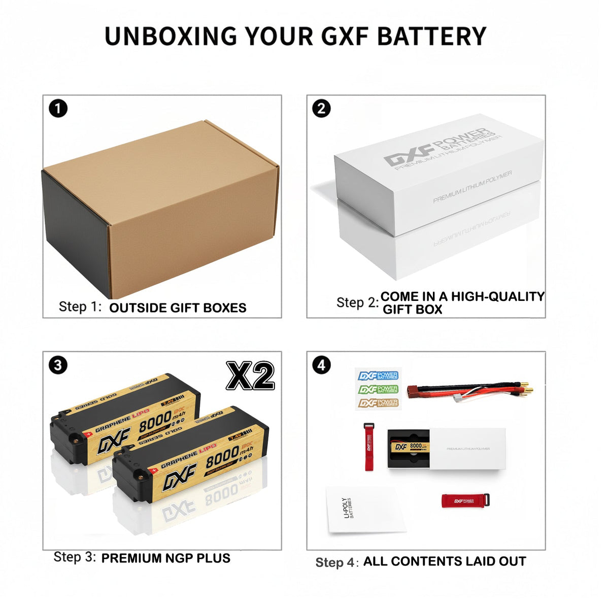 DXF 2S 7.4V 8000mAh 130C Golden NGP Graphene LiPo Hardcase Battery with 12AWG 5mm Bullet to Deans Plug for 1/8 1/10 RC Car Truck Boat Drone (1-6 Pack Available)