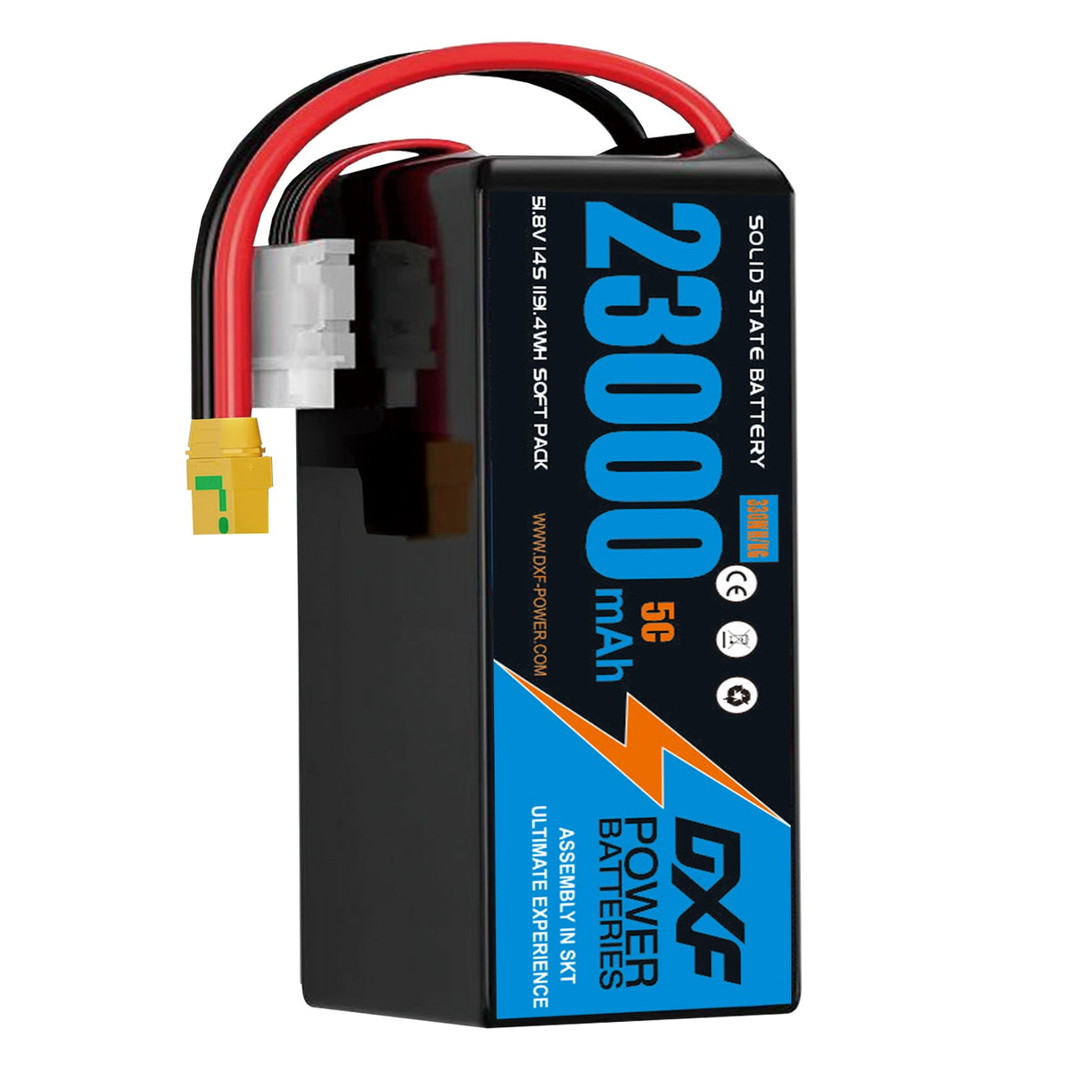 DXF SEMI-SOLID 14S 51.8V 23000mAh 5C Soft Case LiPo Battery with 8AWG Wire for UAVs & Drones (1-6 Pack)