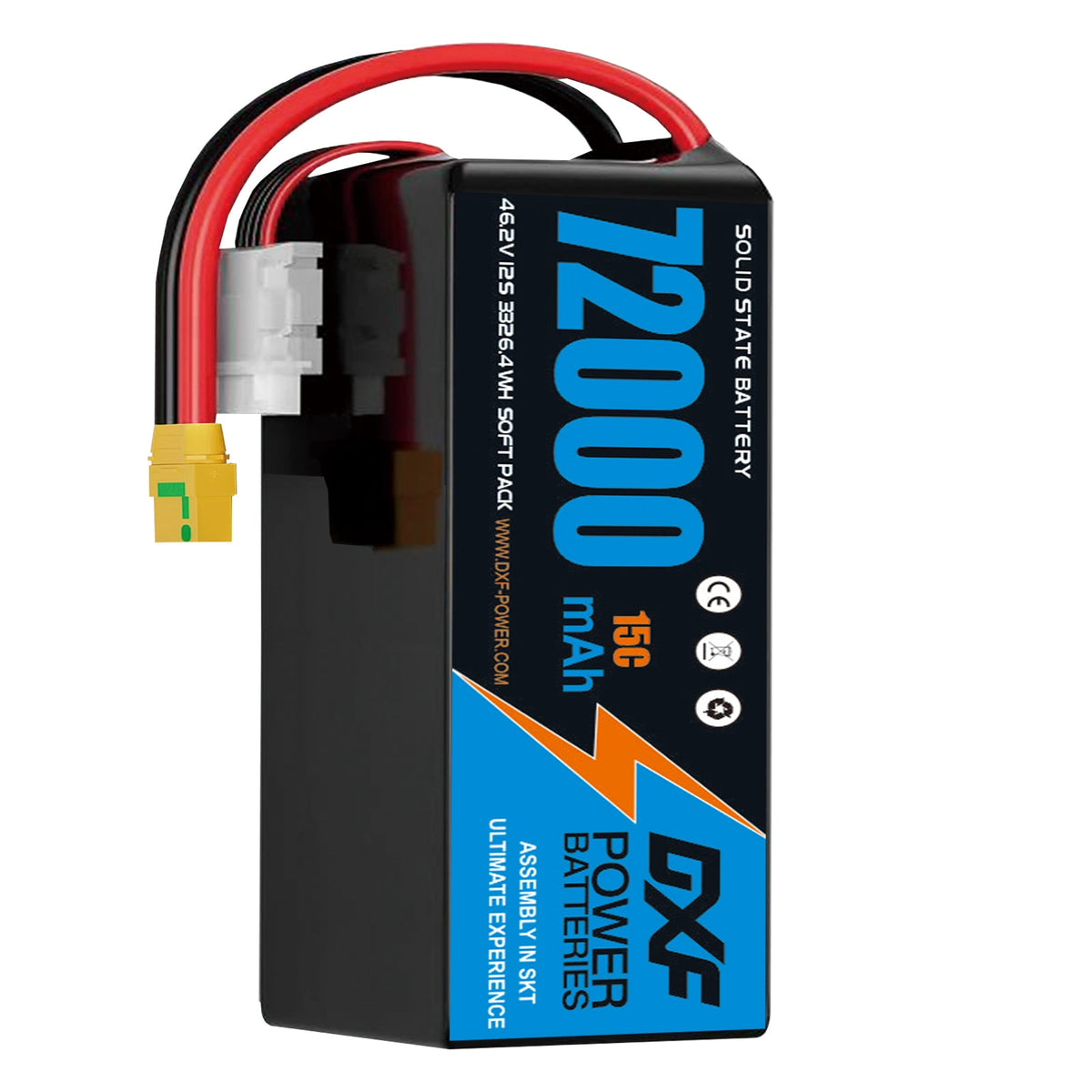 DXF SEMI-SOLID 12S 46.2V 72000mAh 15C Soft Case LiPo Battery with 8AWG Wire for Toy Cars, Boats, UAVs & Drones (1-6 Pack)