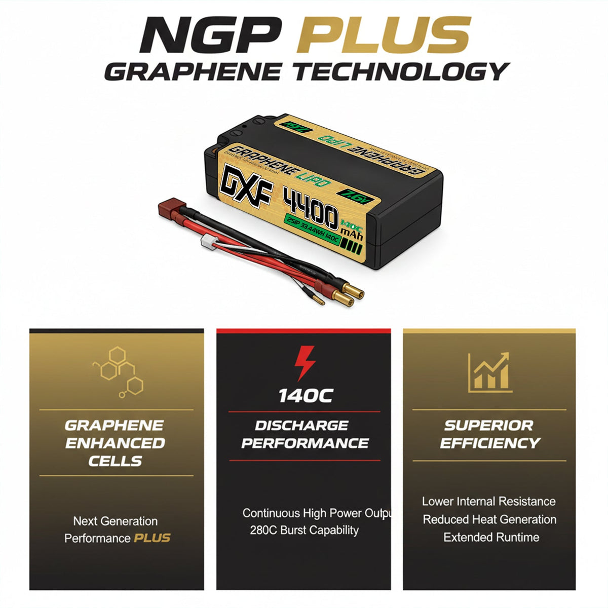 DXF 2S Shorty 7.6V 4400mAh 140C Graphene Hardcase LiPo Battery with 5mm Bullet to Deans Plug for 1/10 RC Buggies, Touring Cars & Trucks (1-6 Pack Available)