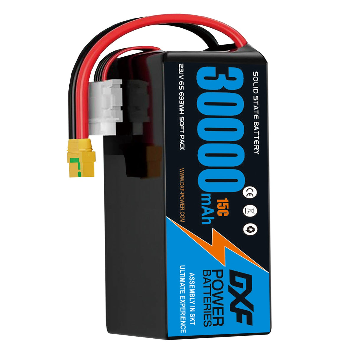 DXF 6S 23.1V 30000mAh 15C Soft Case LiPo Battery with 8AWG Wire for Toy Cars, Boats, UAVs & Drones (1-6 Pack)