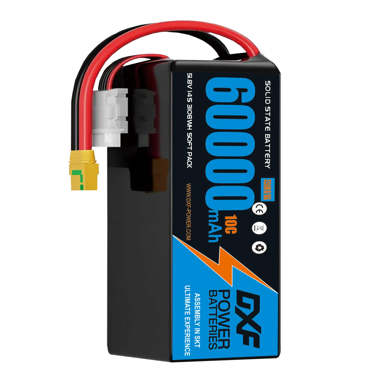 DXF SEMI-SOLID 14S 51.8V 60000mAh 10C Soft Case LiPo Battery with 8AWG Wire for Toy Cars, Boats, UAVs & Drones (1-6 Pack)