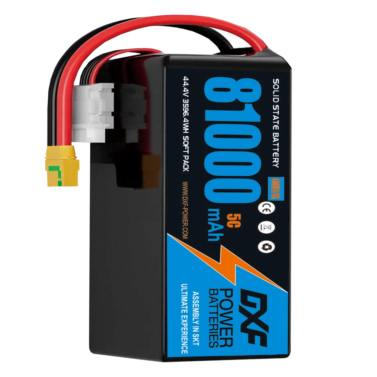 DXF 12S 44.4V 81000mAh 5C Soft Case LiPo Battery with 8AWG Wire for Toy Cars, Boats, UAVs & Drones (1-6 Pack)