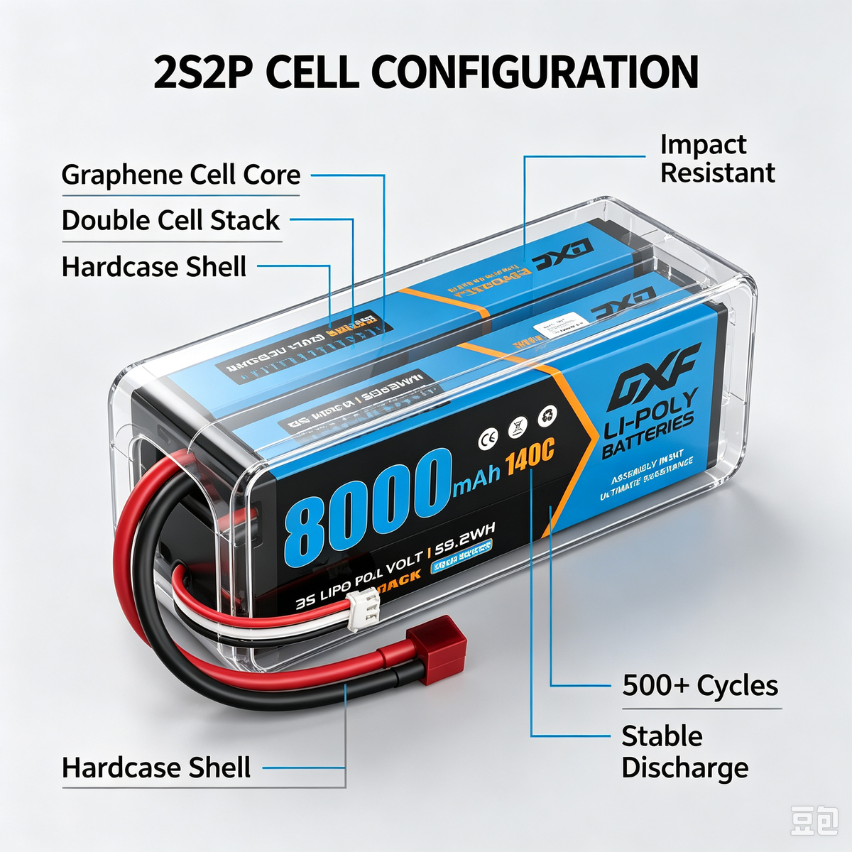 DXF 2S 7.4V 8000mAh 140C Graphene LiPo Hardcase Battery with 10AWG Deans T-Plug for 1/8 1/10 RC Car Truck Boat Drone (1-6 Pack Available)