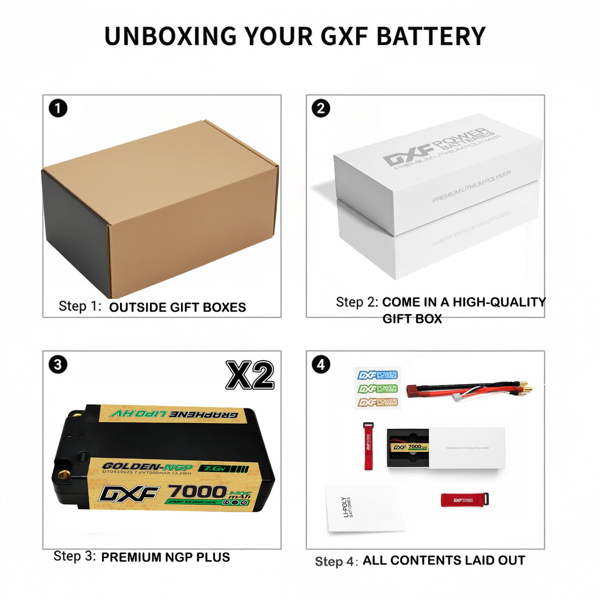DXF LiPo Battery 2S2P HV 7.6V 7000mAh 140C Graphene NGP Plus Gold Version with 5mm Bullet / EC5 / T / TRX / XT60 / XT90 / XT150 / Q8s Plug for RC 1/10 1/8 Scale Car Racing