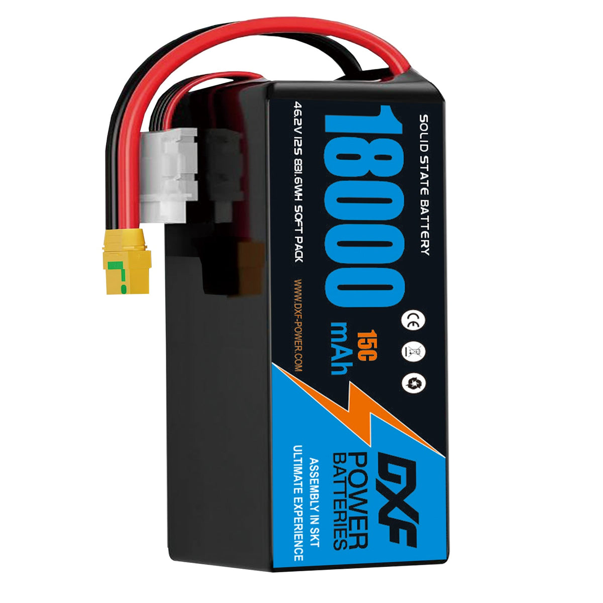 DXF SEMI-SOLID 12S 46.2V 18000mAh 15C Soft Case LiPo Battery with 8AWG Wire for Toy Cars, Boats, UAVs & Drones (1-6 Pack)