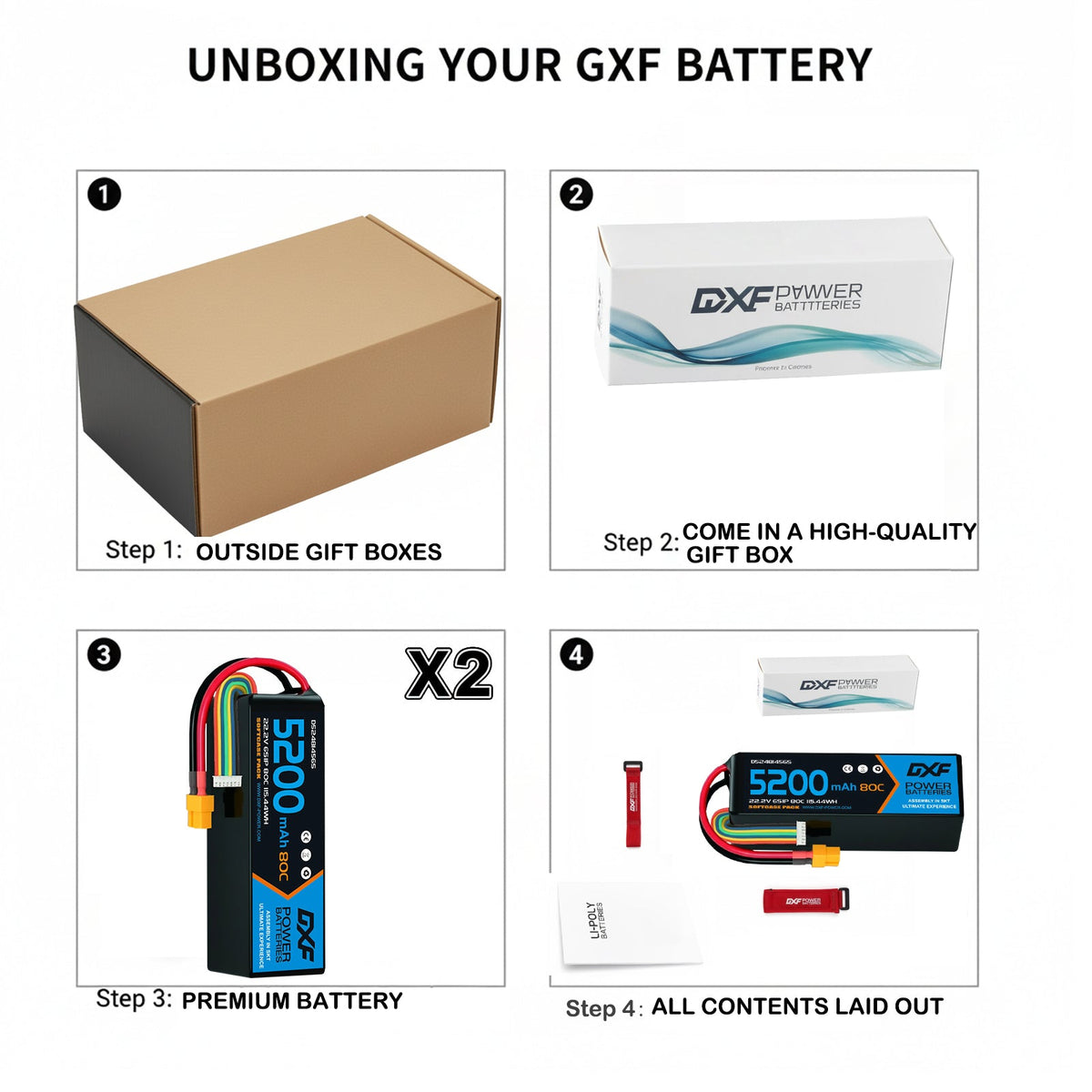 DXF 6S 22.2V 5200mAh 80C Softcase LiPo Battery with XT60 & 10AWG Wire for 1/8 RC Cars (1-6 Pack)