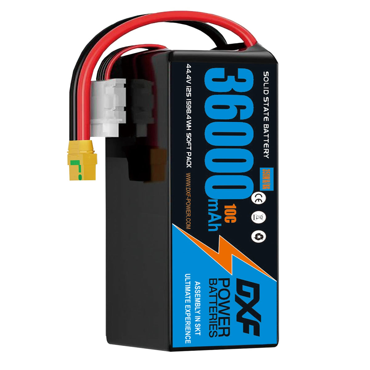 DXF SEMI-SOLID 12S 44.4V 36000mAh 10C Soft Case LiPo Battery with 8AWG Wire for Toy Cars, Boats, UAVs & Drones (1-6 Pack)
