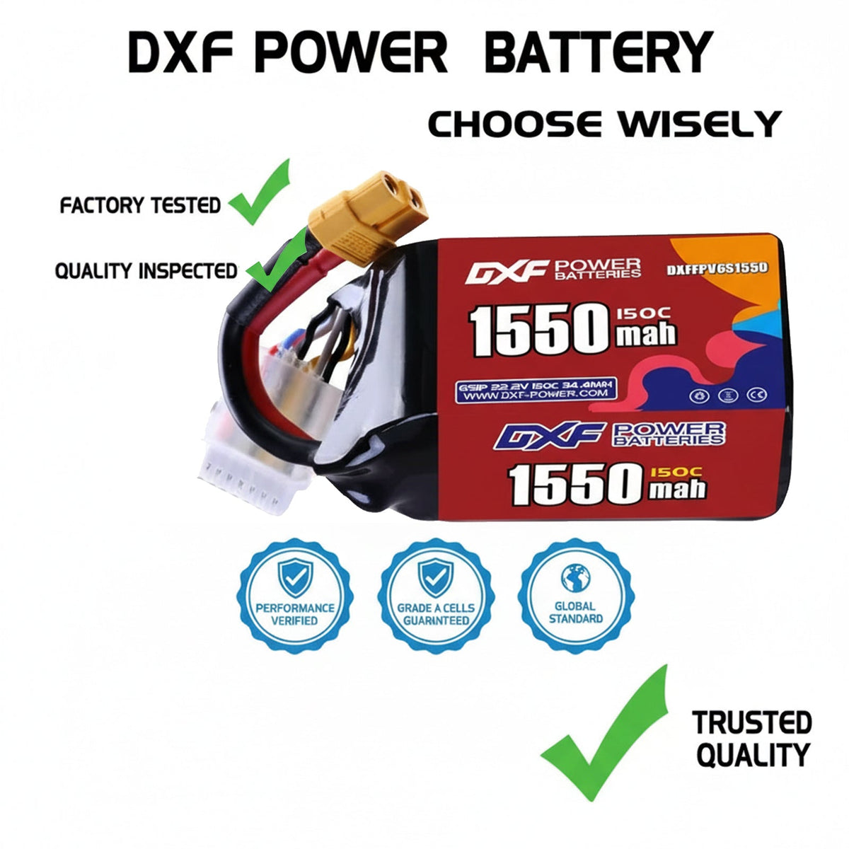DXF 6S 22.2V 1550mAh 150C Gold Version Graphene LiPo Soft Case Battery with 12AWG XT60 Plug for RC Car Boat Airplane FPV Racing Drone (1-6 Pack Available)