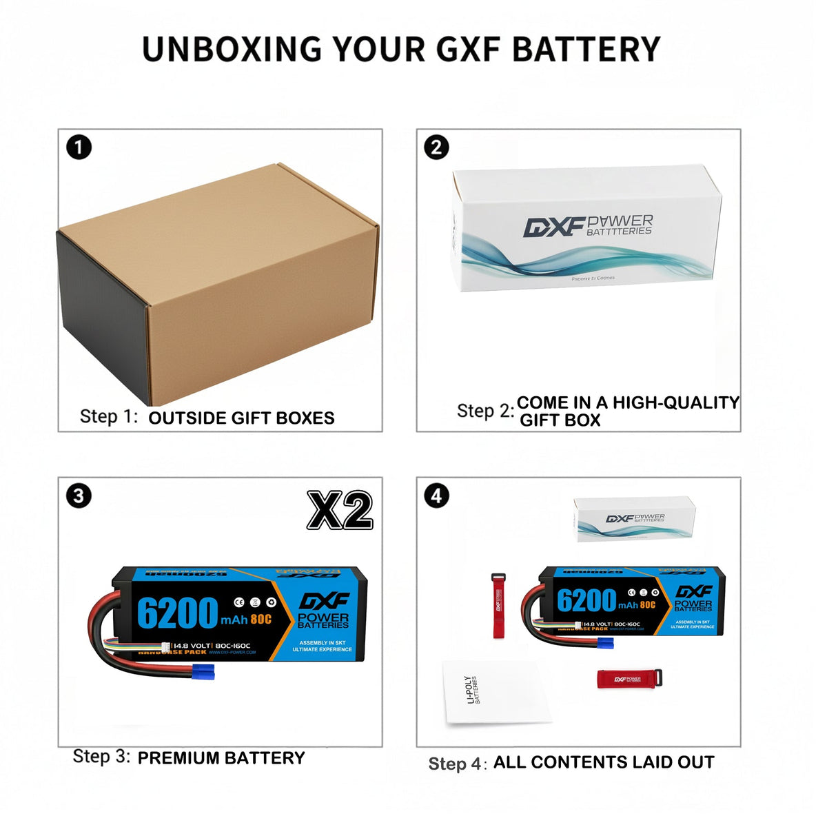 DXF 4S 14.8V 6200mAh 80C Hardcase LiPo Battery with 10AWG EC5 for 1/8 1/10 RC Cars, Trucks, Buggies (1-6 Pack Available)